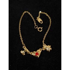 Vintage Avon 1992 I Love Christmas Bracelet Gold Tone Red Rhinestone 8"